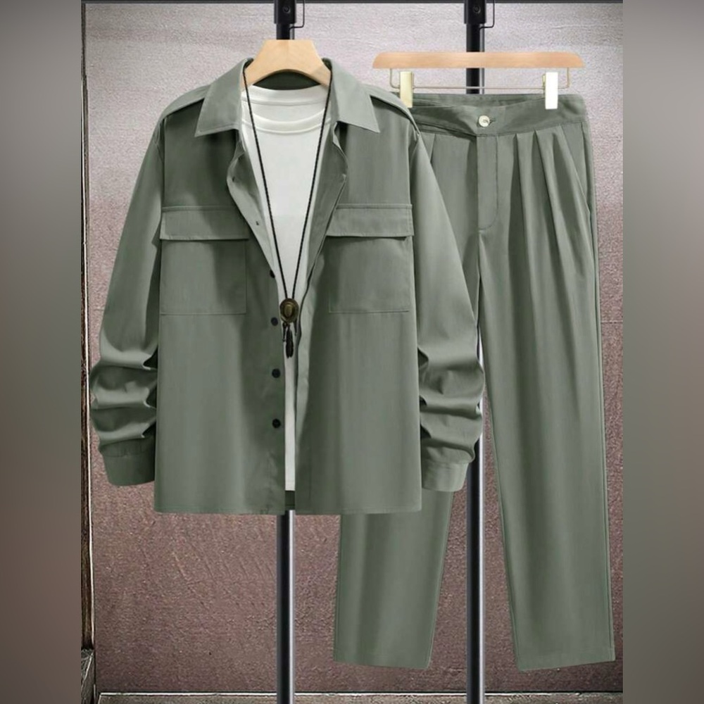 Men's Casual Long Sleeve Button Up Top And Pants Two-piece Set
